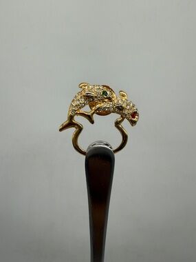 Gold Tone Pair of Dolphins w/ Rhinestones Pin